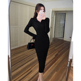 Zingj And Winter Polo Collar Long-Sleeved Slim Knitted Dress Medium-Long Bottomed Sweater Skirt French Platycodon Grandiflorum