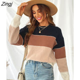 PETAL Colorblock Round Neck Sweater For Woman Casual Long Sleeve Waistcoat 2023 Spring Autumn Pullover Tops