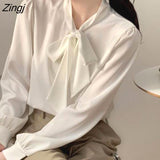 Women Shirts Elegant Spring Long Sleeve Office Bow White Clothing Solid Simple Tops All-match Leisure Breathable