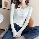Zingj Autumn And Winter New Style Kengtiao Thin Knitted Blouse Woman V-Collar Slim Solid Color Cover Bottom