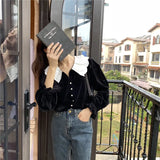 French Style Black Velvet Shirt Double Lace Collar V-neck Lantern Sleeve Chic Autumn Blouse Womens Velour Tops