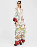 Women Vintage Print Spliced Lace Up Maxi Dress with ribbon Casual Loose V Neck Flare Sleeves Dresses Summer Lady Elegant