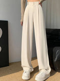 Waist Wide Leg Pants for Women New Loose Straight Coffee Trousers Autumn Double Buttons Casual Suit Pants