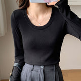 Threaded U-Collar Long-Sleeved Bottomed Shirt In Early Autumn New Plain Color Simple And Slim
