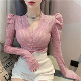 V-Neck Lace Basic Shirts Women Korean Blouse Female Casual Long Sleeve Slim Elegant Sexy Tops Lady 2021 Spring