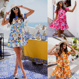 Zingj Wise Hot Style Summer Horn Sleeve Round Collar Print Irregular Hem