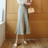 Women Summer Midi High Waist Satin Skirt Elegant A-Line Solid Office Ladies