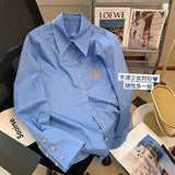 Elegant Women Blouses Spring Clothes Ladies 2024 Korea Blue Embroidered Shirt for Women's Spring New Casual Oversized