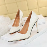 Zingj Retro Stone Grain High Heels Women's Shoes Heel High Heel Shallow Pointed Metal Beads Rivet Women's Singles