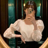 Shirts Solid Puff Sleeve Loose Princess Style Square Collar Ladies Party Wear Retro Korean Style Female New Spring