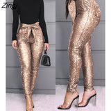 New Year Women Pants Glitter Sequins Bowknot Tied Belted Skinny High Waist Pants Casual Trousers Fashion Elegant Long