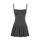 And Spicy Girl Chest Pleated One-Word Collar Small Sling Waist Show Thin Pleated Dress Pure Desire Girl Short