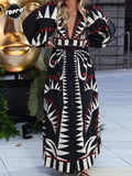 Coconut Printed Grove Puff-sleeve V-neck Maxi Dress Women Elegant Buttons A-line Dresses Summer New Lady Street