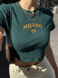 Embroidery Letter Printing Stitch Green 90s Crop Tops O-neck Short Sleeve T-shirts clothes shirt vintage bf clothing