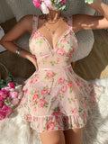 Pink Printed Mesh Night Dress Lingerie- Outfit