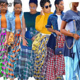 Women Long Maxi Skirts High Waist Patchwork Loose Asymmetrical Plaid Print Loose Big Swing Floor Length Long