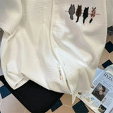 White Cat Embroidery Short Sleeved Shirt for Women Elegant and Youth Women's Blouses White Shirt Woman Summer Top