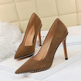 Zingj Sexy Nightclub Show Slim Ultra Thin With Fine Heel Suede Shallow Metal Chain Pointed Women's Single