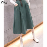 Fashion 2021 Autumn Winter Midi Long Skirt Women Korean Style Green Mid-Length High Waist A Line Skirt Female