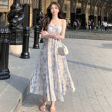 Print Elegant Beach Dress 2023 New Women Vintage Pearl Beading Sweet Midi Dress Female Princess Fairy Strap Evening