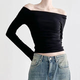 Zingj One Word Shoulder Sexy Off The Shoulder Slim Long-Sleeved T-Shirt Slim Hot Girl Pure Color Short