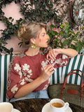 Flower Embroidery Patchwork Puff Sleeve Blouse Single Breasted Buckle O-neck Shirt 2024 Summer Lady Chic Casual
