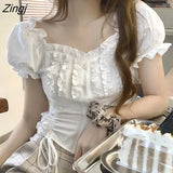 Women Ins Summer Ruffles French Square Collar Crop Top Slim Sexy New Design Streetwear Aesthetic White All-match