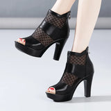 Sandals Women's 2023 Summer New High-Heeled Waterproof Table Fish Mouth Mesh Hollowed-Out British Thick-Heeled
