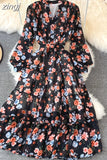 Floral Midi Dress Women Elegant V-Neck Lantern Long Sleeve High Waist Draped A-Line Casual Vestidos Female Spring