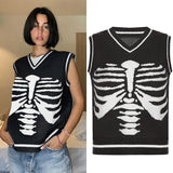 Skull Print V Neck Oversized Sweater Harajuku Casual Loose Knitted Top Pullovers Korean Punk Ladies Jumper