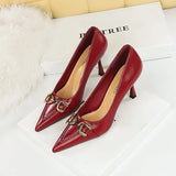 Zingj Retro High Heels Women's Shoes Fine Heel High Heel Shallow Pointed Metal Belt Buckle Decorative Single