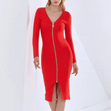 New Summer Women Midi Bandage Dress Sexy O Neck Long Sleeve Backless Zipper Design Club Celebrity Party Female