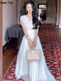 Summer Solid Pleats Long Dresses French Elegant V Neck Holiday Party Vestidos Women High Waist Wedding Robe Ladies