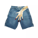 Zingj New Hip-Hop Funny One-Hand Pattern Printed Denim Shorts Men's High Street Fashion And Leisure 211-1-Outfit
