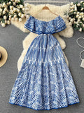 One-Word Collar Dress Women's High-End Lotus Leaf Edge French Embroidery Hollowed-Out Shoulder Waist Holiday