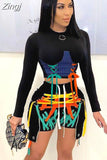 Patchwork Bandage Two Pieces Set Women O Neck Long Sleeve Top And Laced Up Shorts Suits Bodycon 2 Pieces Matching