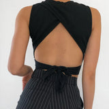 backless women tank top bandage slim crop top summer 2024 casual streetwear tops solid cotton soft criss cross