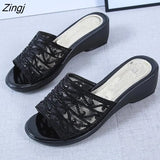 new women's slippers comfortable breathable wedge with thick bottom versatile mesh rhinestone slippers