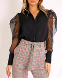 Blouse Women Patchwork Puff Long Sleeve Elegant Ladies White Shirt Fashion Designed Organza Transparent