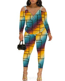 Autumn And Winter Women's Wear New Shoulder Spliced Long-Sleeved Printed Trousers Two