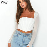 Mesh Corset Crop Top Women 2022 Long Sleeve Summer Skinny Square Collar Green Basic Sexy Backless T Shirt Women
