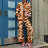 Print Long Sleeve Shirt Outfits Elegant Lapel Buttoned Blouse Long Pant Suits Women Loose Mid Waist Pants Two Piece