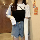 Zingj 2024 New Korean Wind Detachable Sleeve Knit T-Shirt Knit Sling Vest Wearing A Suit Schoolgirl-Outfit