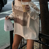 Breeze Loose Retro Print Shoulder-Exposed Long-Sleeved T-Shirt Summer Slant Collar Small Sexy Casual