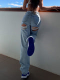 High Waist Broken Hole Slim Jeans Trousers Woman-Outfit