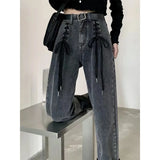 Women Gothic High Waist Jeans Fairy Grunge Pants Wide Leg Denim Lace Up Alt Harajuku Straight Trousers Streetwear