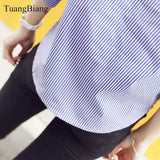 New Spring Three Quarter Sleeve Stand Collar Shirt Women Blue And White Striped Loose Plus Size Blouse Female Vintage