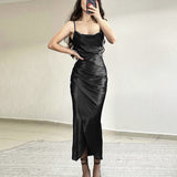 Satin Long Dress Summer 2022 Low Cut Spaghetti Strap Sexy Evening Party Dresses Women Backless Bodycon Maxi Dress