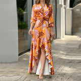 Women V Neck High Waist Irregular Ruffle Dress Spring Long Sleeve Boho Loose Beach Dress Chic Printed Party Banquet