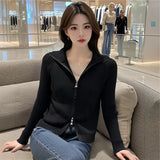 Standing Collar Double Zipper Design Sense Knit Cardigan Female Jacket Autumn New Style Slim Small Long-Sleeved Sweater Jacket-Outfit